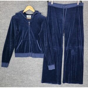 Vintage Juicy Couture Tracksuit XL Blue Velour Y2K USA Wide Leg Pants Hoodie Set
